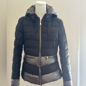 Women's Black Hooded Puffer Jacket with Metallic Trim